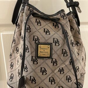 Dooney & Bourke Monogram Drawstring Shoulder Bag in Tan and Black